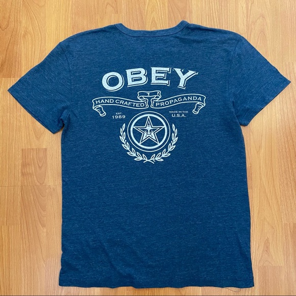 Obey Men’s Handcrafted Propaganda Logo Single Stitched Blue T-Shirt Large - Picture 1 of 8